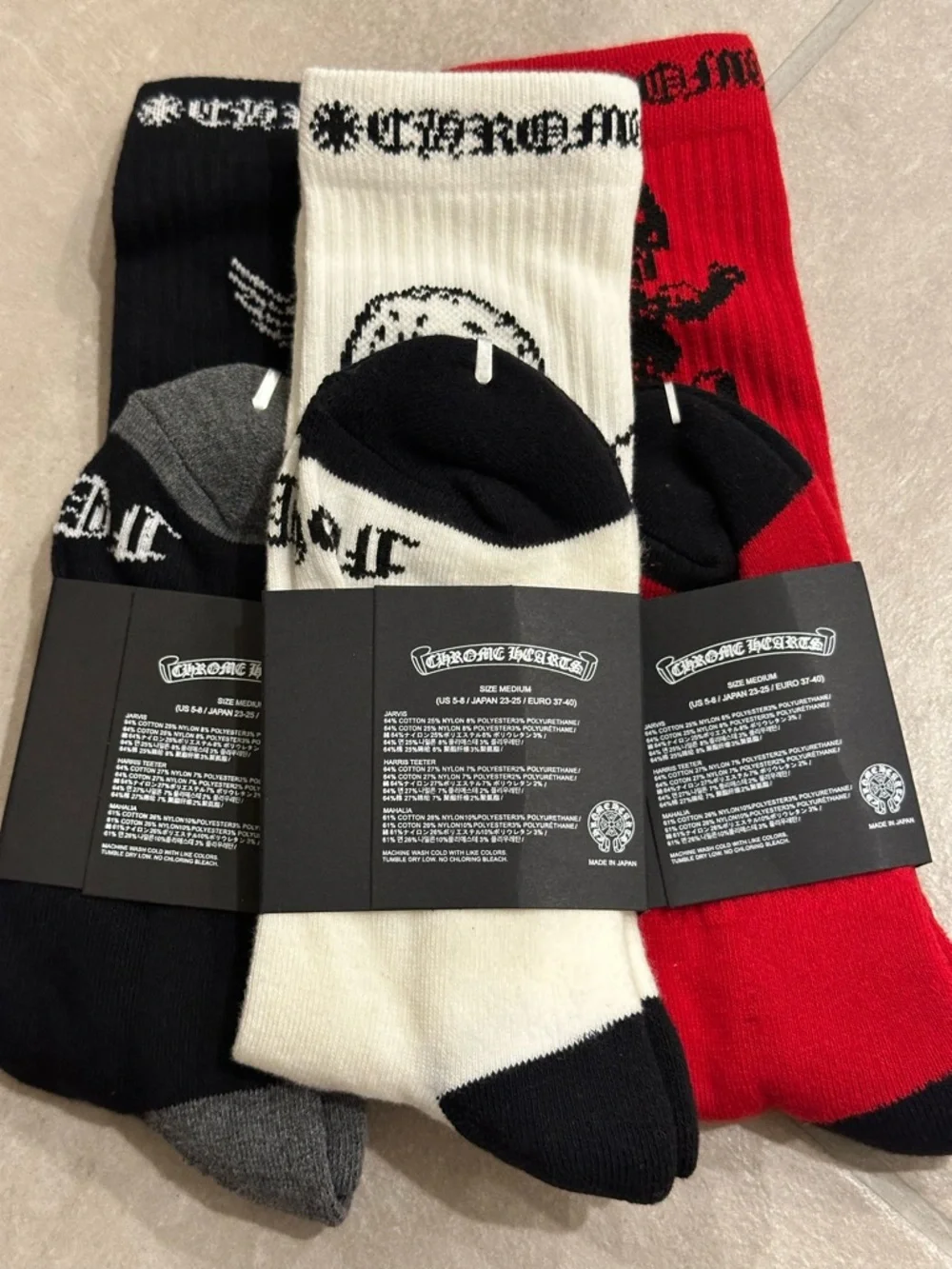 Chrome Hearts Foti Skeleton 3-Pack Socks Size Medium Black White and Red